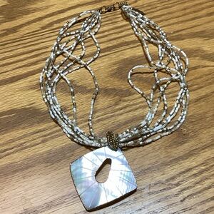 Coldwater Creek Chunky White Beaded Necklace with Shell Pendant
